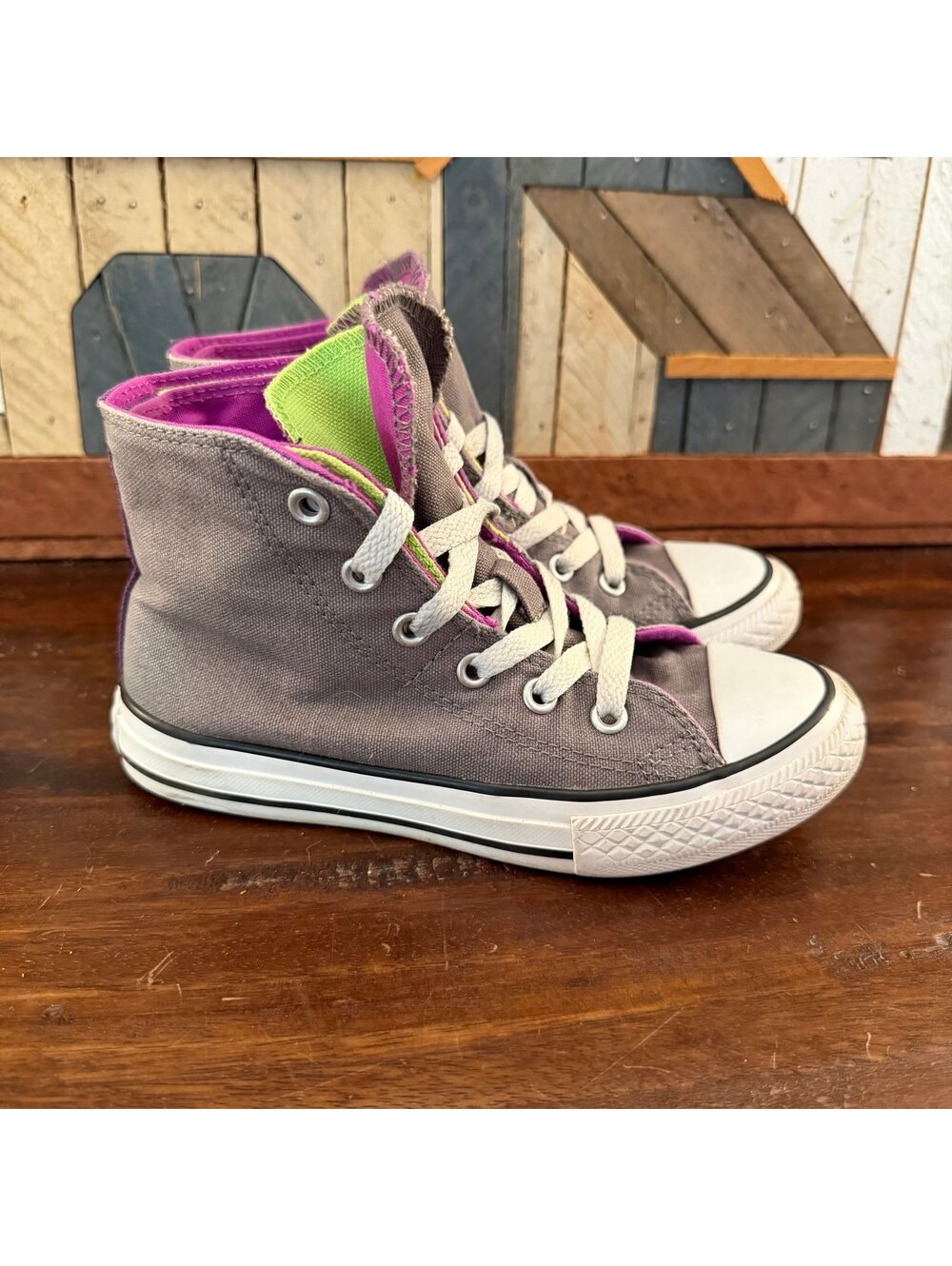 Converse Chuck Taylor All Star Double Tongue Gray Purple Sneakers Kids Size 13